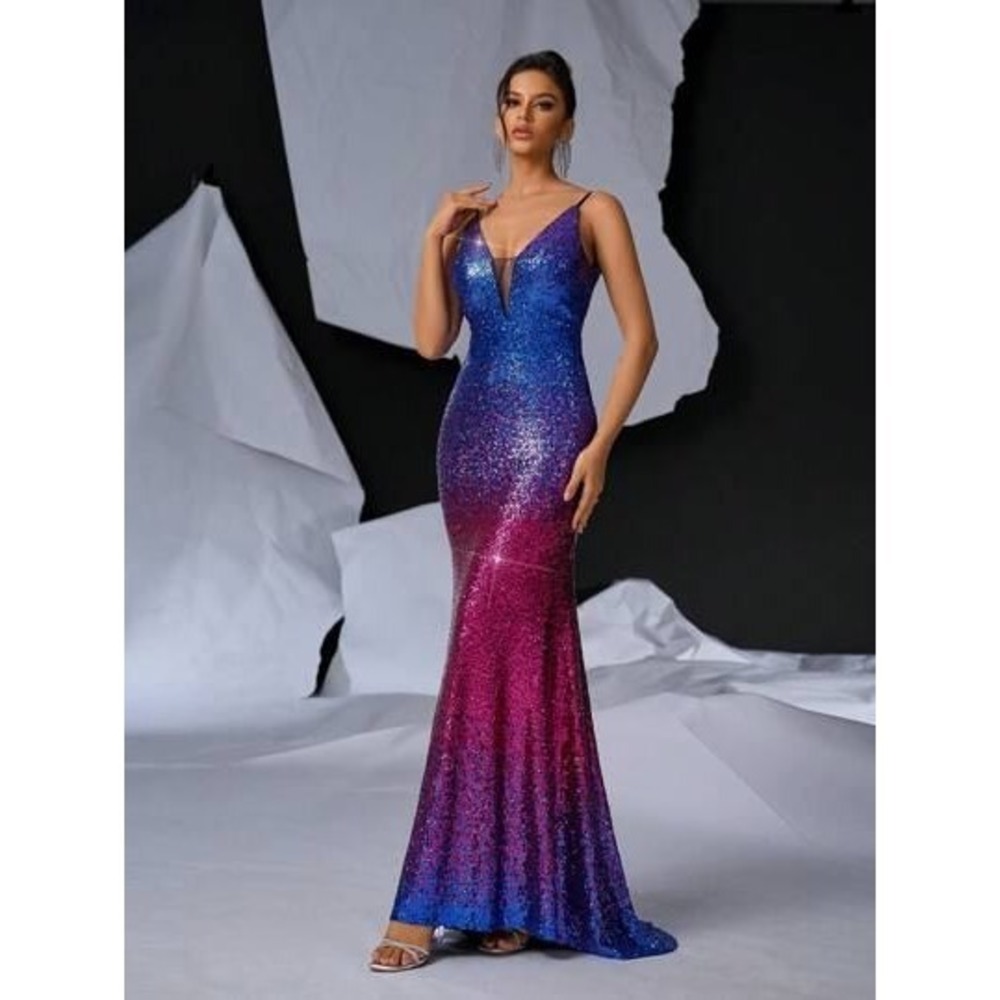 Shein Belle Sequin Gown Blue/Pink Formal Prom‎ XS Party Fairy Whimsical - Picture 3 of 11